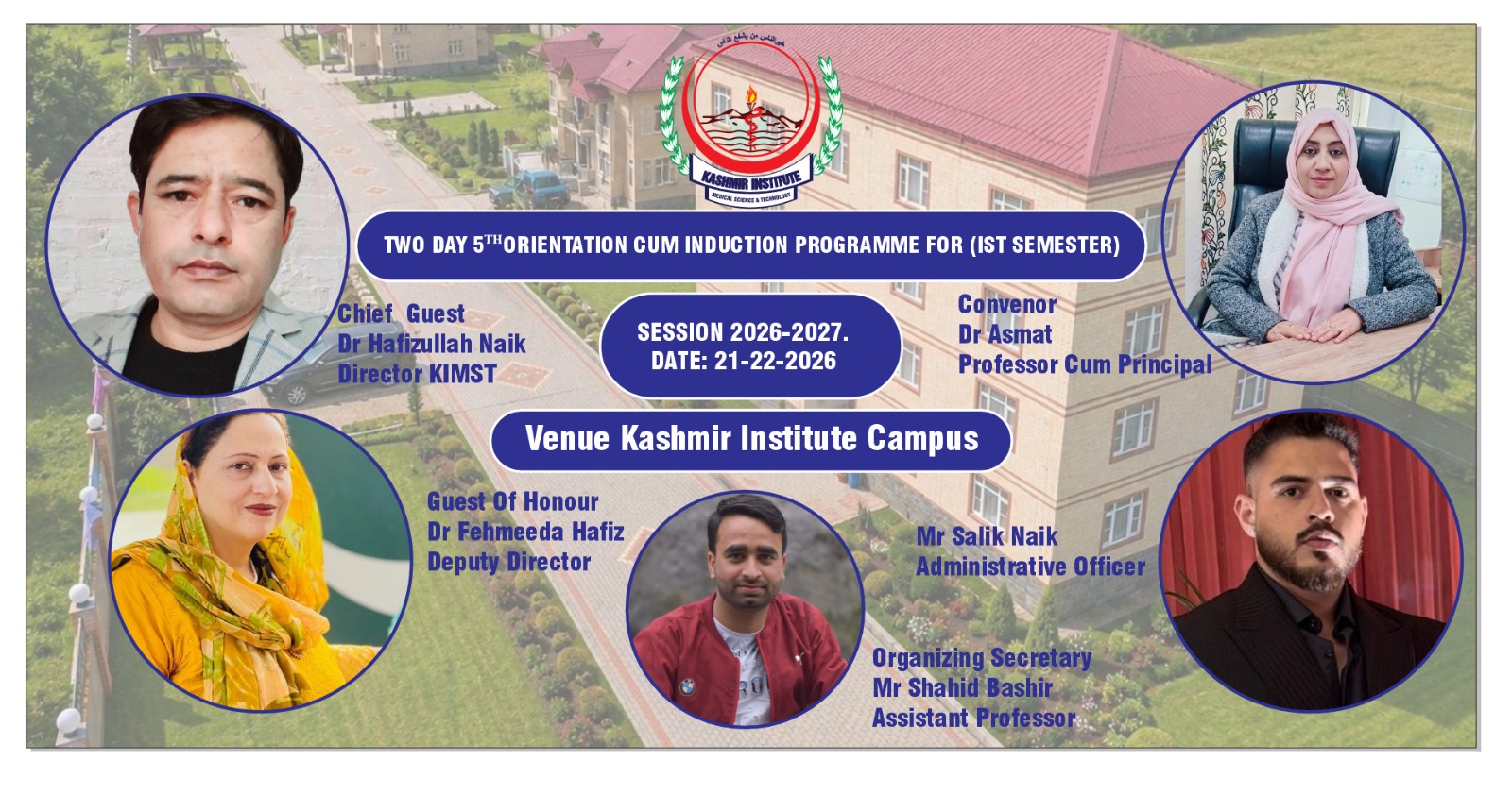 Poster: Two Day 5th Orientation cum Induction Programme for 1st semester, Session 2026-2027, venue Kashmir Institute Campus